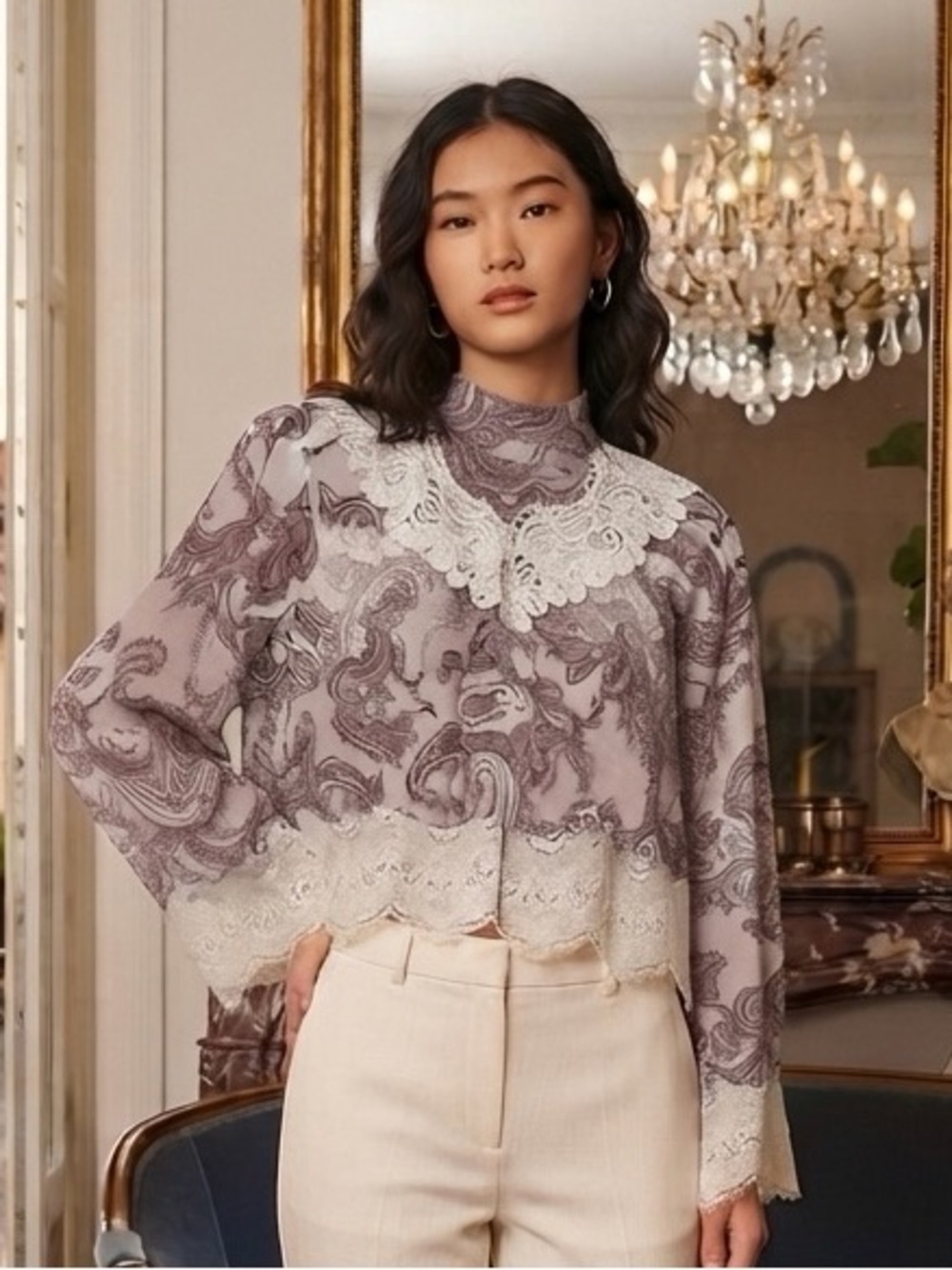 LOFT Mauve Swirl Print Lace-Trim High Neck Blouse Sz L